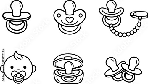Baby pacifier infant care child accessories line icons. Vector