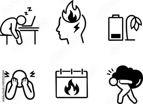 Burnout stress exhaustion fatigue mental overload line icons
