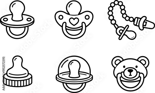Baby pacifier infant care child accessories line icons

