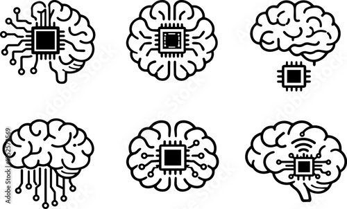 Artificial intelligence brain neural network line icons
