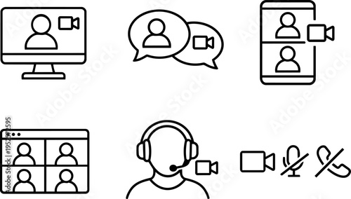 Online communication video call meeting chat line icons
