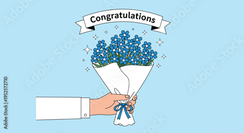 Hand holding a bouquet of blue flowers with a congratulations banner celebrating a success, graduation, or special achievement.