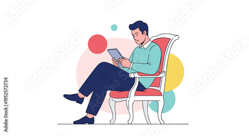 Relaxed man sitting in a vintage armchair while reading a book or tablet against a colorful abstract geometric background.