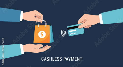 Cashless payment transaction showing a customer paying for a shopping bag using a credit card and contactless technology.