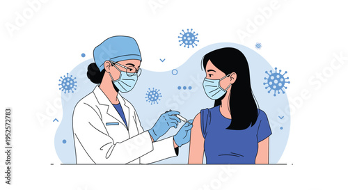 Professional nurse administering a vaccine shot to a female patient both wearing protective face masks in a medical clinic.