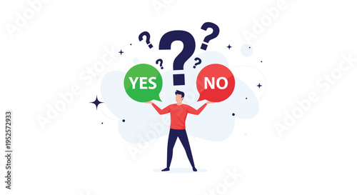 Difficult decision making process showing a man holding yes and no speech bubbles while surrounded by many question marks.