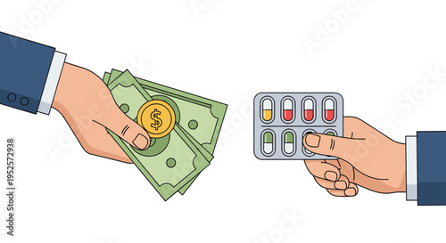 Hands exchanging a stack of dollar bills and a blister pack of pills representing a pharmaceutical transaction or trade.