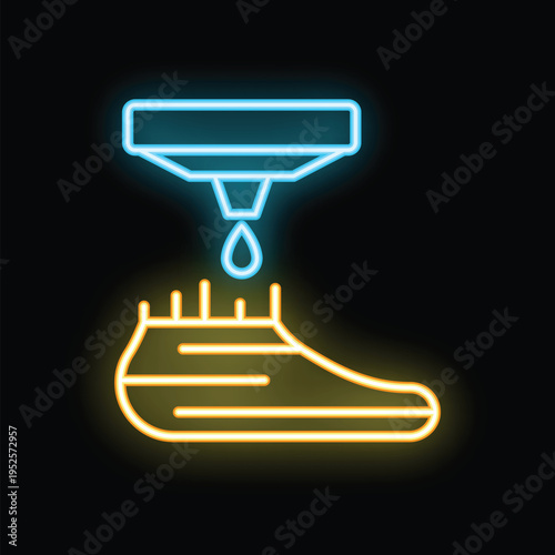 Neon icon of waterproofing spray impregnating surface of shoe with water repellent treatment on black background