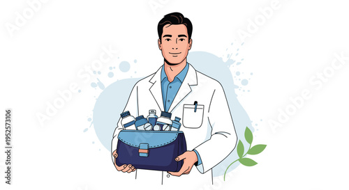 Friendly male doctor or pharmacist holding a medical bag filled with various prescription medicine bottles and pills.