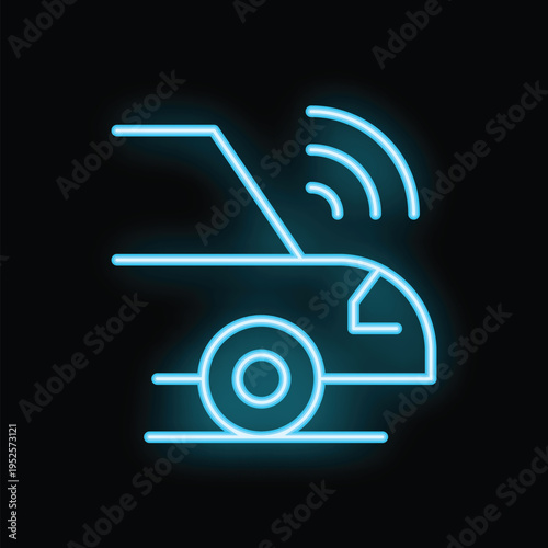 Neon sign of a futuristic self driving, driverless car moving on a road