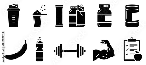 Fitness and Nutrition Icons: Dumbbell, Protein Shaker, Banana, Bicep, Supplements, Checklist Vector Illustration