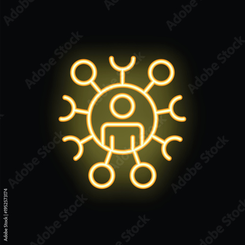 Glowing yellow neon icon of a person spreading awareness through a network, representing concepts like communication and marketing