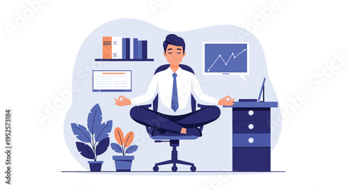 Mindful businessman practicing yoga meditation at his office desk to reduce stress and improve workplace productivity.