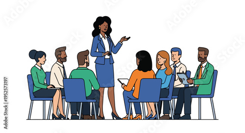 A diverse group of professionals sits in a semi-circle, attentively listening to a standing female presenter during a business meeting or training session.
