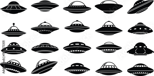 UFO spaceship silhouette icon set, alien flying saucer vector illustration collection, mysterious unidentified flying objects, futuristic spacecraft isolated graphic design elements.