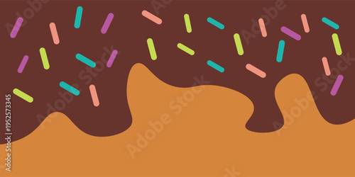 melted chocolate with sprinkles on cake. flat style chocolate background. suitable for packaging design.