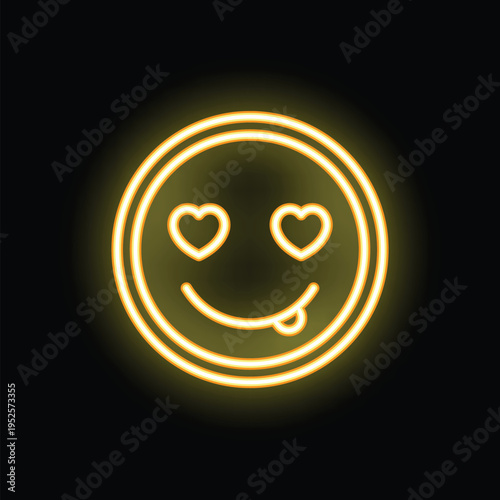 Neon yellow emoji showing tongue expressing love feeling with heart shaped eyes on black background