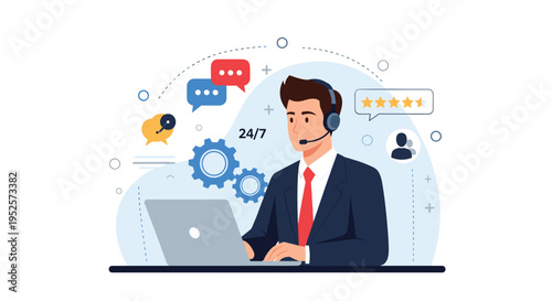 Male customer service operator with headset working at laptop providing 24-7 support and professional assistance.