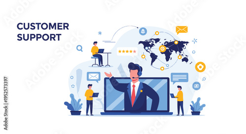 Global customer support and help desk service concept with diverse agents assisting clients across a world map.