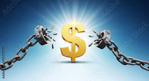Metaphor of financial freedom and wealth liberation featuring a heavy broken iron chain with a floating gold dollar sign symbol representing personal success, economic independence and prosperity.
