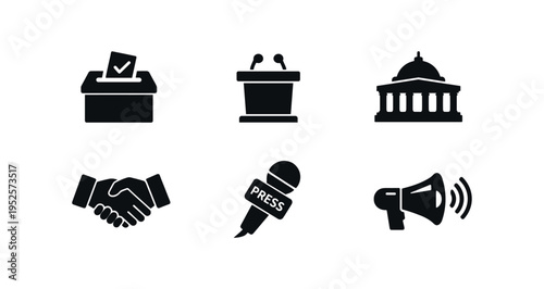 Six bold black icons on white rounded tiles representing civic and media concepts: ballot box, podium, parliament, handshake, press microphone, and megaphone.
