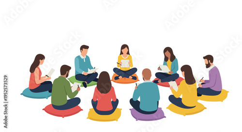 Nine diverse people sit in a circle on colorful cushions, each writing on a notepad, illustrating a collaborative workshop, study group, or focused discussion.