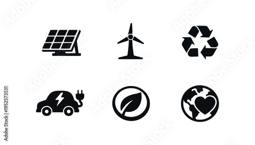 Black renewable energy and eco icon set solar panel wind turbine recycling electric car leaf earth heart flat vector icon