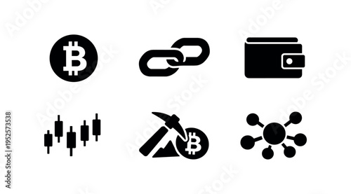 Six black crypto icons in rounded square tiles showing bitcoin symbol, linked chain, crypto wallet, candlestick chart, mining pick with coin, and decentralized node network, arranged in two rows.