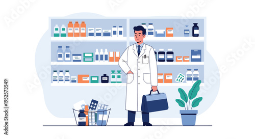 Professional pharmacist in white coat standing in a pharmacy store surrounded by shelves full of medicines.