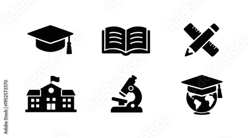 Six black education themed icons showing a graduation cap, open book, pencil and ruler crossed, school building, microscope, and globe topped with graduation cap, 