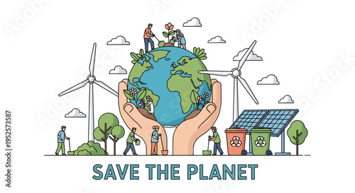 Save the planet environmental awareness concept with hands protecting earth alongside wind turbines and solar panels.