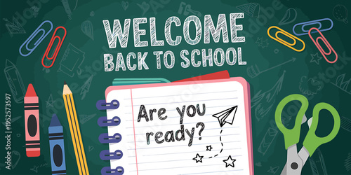 Welcome back to school illustration with stationery on green chalkboard