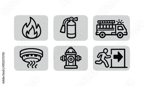 Six rounded square line icons for fire safety and emergency: flame, fire extinguisher, fire truck, smoke detector, fire hydrant, and emergency exit. clean monochrome outline style 