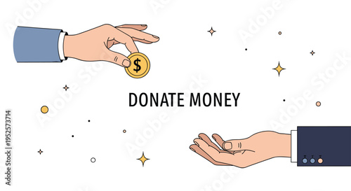 Hands exchanging a gold dollar coin as a symbol of charity donation or financial help for people in need.