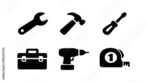 Bold filled tool silhouettes placed on subtle rounded card tiles, strong minimal look for signage, apps, and manuals.