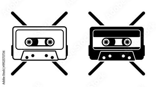 Two cassette tapes with crossed lines on white background