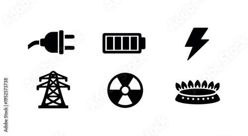 Six solid black utility icons on white rounded tiles including plug, battery, lightning, power tower, nuclear symbol, and gas burner with text labels.