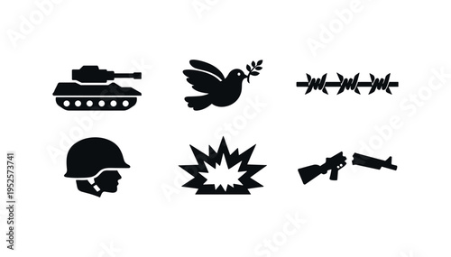 Military and peace symbol icons including tank dove barbed wire helmet explosion broken rifle in rounded tiles flat vector icon