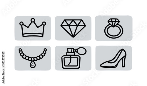 Six rounded rectangle badges with thin black outline icons for fashion and luxury items: crown, diamond, ring, necklace, perfume bottle, and high heel shoe. 