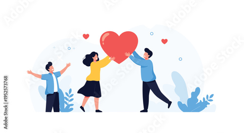 Happy family holding a large red heart symbol together representing love care and community support.