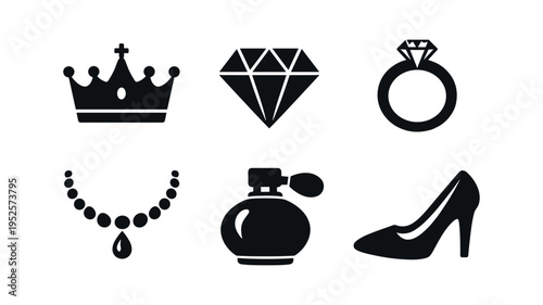 Six rounded rectangle badges with bold filled black icons representing crown, diamond, ring, necklace, perfume bottle, and high heel shoe. strong silhouette icon set for fashion apps and branding.