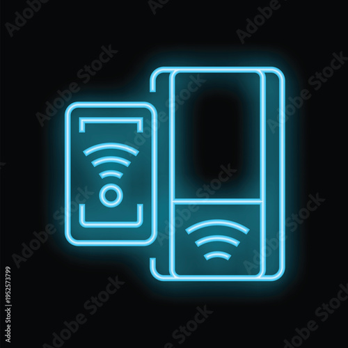 Neon glowing icon of a smartphone making a contactless payment on a pos terminal