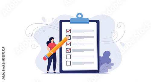 Businesswoman checking off completed tasks on a giant clipboard list using a large orange pencil.