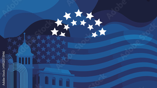 American flag waving with white stars and government building silhouette  patriotic symbol