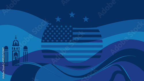 American flag waving with mosque silhouette on blue abstract background with stars