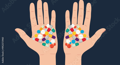 Pair of open hands filled with a large variety of colorful medical pills capsules and tablets for treatment.