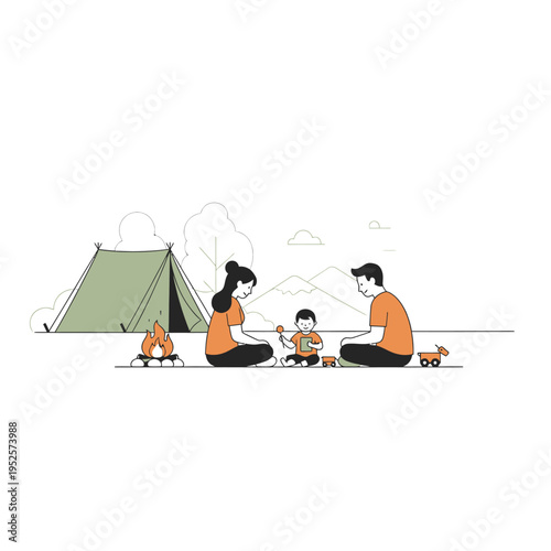 Family camping vacation, parents and child playing outdoors with tent and campfire