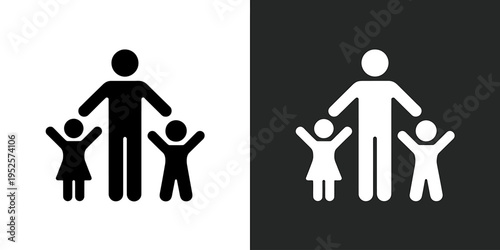 Stick figure family with two children standing together united