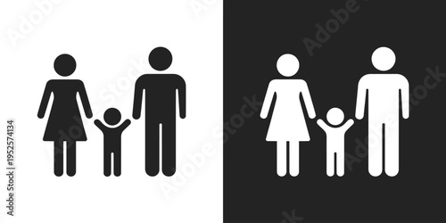 Family stick figures in black and white on different backgrounds