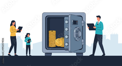 People standing next to a large open bank vault safe filled with gold coin stacks and financial assets.